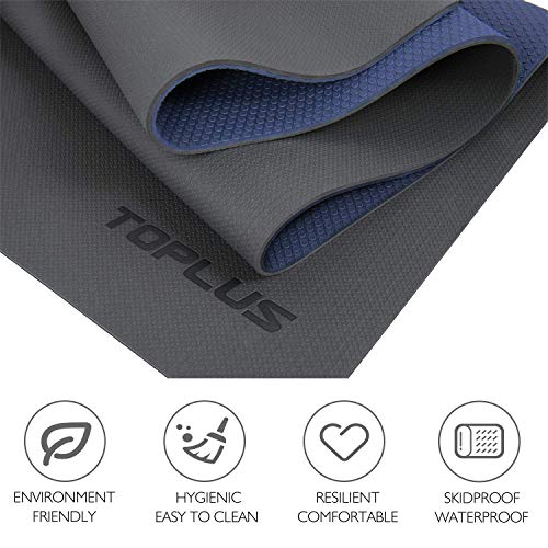 TOPLUS Esterilla Yoga Antideslizante Alfombrilla de Yoga Esterilla Pilates Esterilla Deporte- con Correa de Hombro 183cm x 61cm (Azul Oscuro+café)