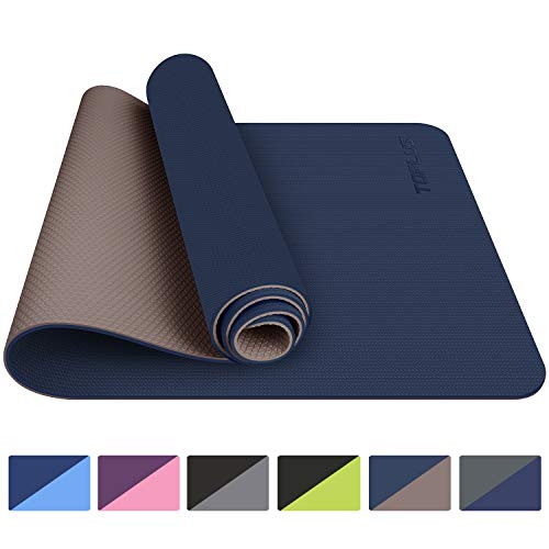 TOPLUS Esterilla Yoga Antideslizante Alfombrilla de Yoga Esterilla Pilates Esterilla Deporte- con Correa de Hombro 183cm x 61cm (Azul Oscuro+café)