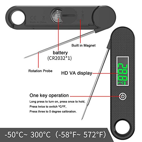 TOPOFU Termómetro de Cocina Digital, Termómetro Carne Lectura Instantánea de 2S con 4.7'' Sonda Larga, IPX6 Impermeable, Termómetro para Alimentos para Barbacoa, Parrilla, Horno, Petróleo (Negro)