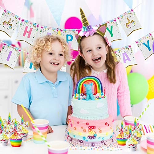 Topper de la Torta del Unicornio, Cupcake Toppers y Feliz cumpleaños Banner, Fuente de la Fiesta de cumpleaños del Unicornio para la Fiesta de Bienvenida al bebé o de cumpleaños de los niños
