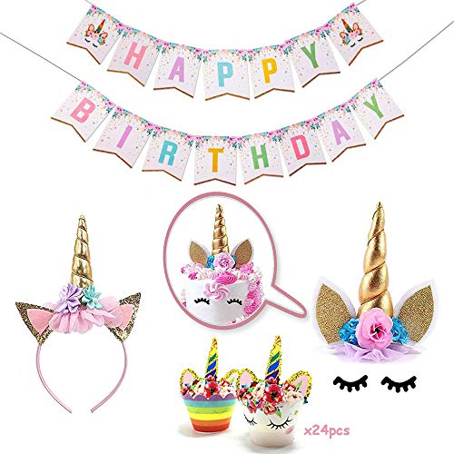 Topper de la Torta del Unicornio, Cupcake Toppers y Feliz cumpleaños Banner, Fuente de la Fiesta de cumpleaños del Unicornio para la Fiesta de Bienvenida al bebé o de cumpleaños de los niños