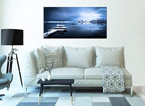 Topquadro Cuadro XXL sobre Lienzo, Imagen Panorámica 100x50cm, Islas Lofoten Noruega, Barco y Yate, Lago Congelado, Invierno y Nieve - Decoración de Pared, Imagen Panorámica - Una Pieza