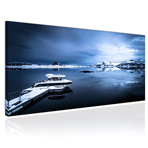 Topquadro Cuadro XXL sobre Lienzo, Imagen Panorámica 100x50cm, Islas Lofoten Noruega, Barco y Yate, Lago Congelado, Invierno y Nieve - Decoración de Pared, Imagen Panorámica - Una Pieza