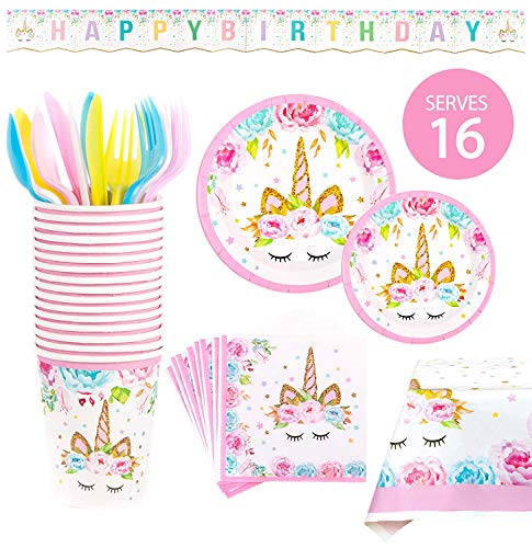 Topways® 129 Piezas Unicornio Artículos de vajilla para Fiesta de - Unicorn Party Supplies para 16 Personas, Juego de vajilla desechable con Platos Desechables, Tazas, Mantel, Pancarta, Globos