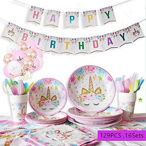 Topways® 129 Piezas Unicornio Artículos de vajilla para Fiesta de - Unicorn Party Supplies para 16 Personas, Juego de vajilla desechable con Platos Desechables, Tazas, Mantel, Pancarta, Globos