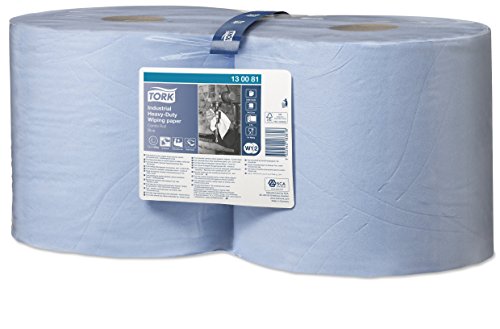 Tork 130081 Papel de secado extra fuerte para la industria/2 paquetes/3 capas/Paños de papel compatibles con el sistema W1 y W2/Premium/2 bobinas x 119 m de largo/azul, 2 x 119 m