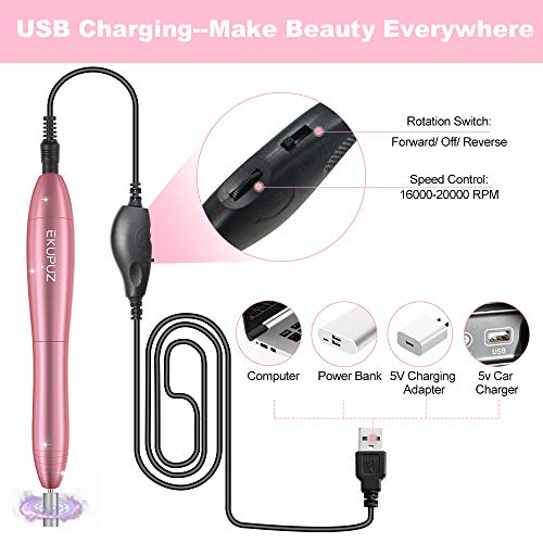 Torno para Uñas, EKUPUZ Lima Uñas Electrica Portátil de 20000 RPM, Kit de Manicura y Pedicura Eléctrico Profesional Vlocidad Ajustable con Set de 11 Tipos de Brocas para Remover Gel Acrílico