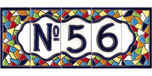 TORO DEL ORO Números casa. Numeros y Letras en azulejo. Ceramica esmaltada, Pintados a Mano técnica Cuerda Seca. Nombres y direcciones. Diseño Mosaico Mediana 5,5x10,5 cm (Número seis"6")