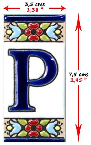 TORO DEL ORO Números para casas. Números y Letras en cerámica esmaltada, Pintados a Mano con la técnica de la cuerda seca. Nombres y direcciones. Modelo Mini Flor Azul 3,5 cms x 7,5 cms (Letra"F")