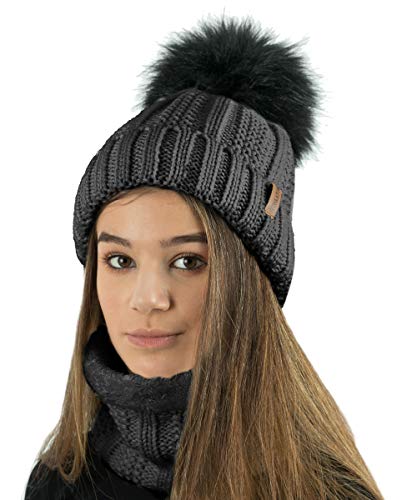 TOSKATOK Gorro y Bufanda para Mujer de Invierno con Gorro y Forro Polar cálido con Forro Polar cálido y pompón Grande de Piel sintética - Disponible Solo o en Conjunto