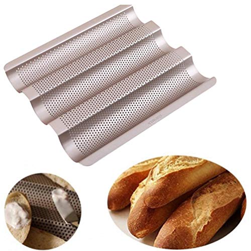 TOSSPER 3 Ranuras Antiadherente Bandeja de Horno Baguette Pan de Molde de Pan francés Bandeja de Hornear Herramientas de Color Oro Baguette Marco Soporte para Hornear Herramientas