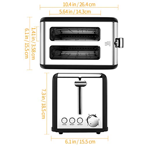 Tostadora 2 ranuras de 6 niveles de asado, automática, 815W, descongelar, descalcificar, descongelar, lifting, con accesorio para panecillos y cajón para cruz, de acero inoxidable, color negro