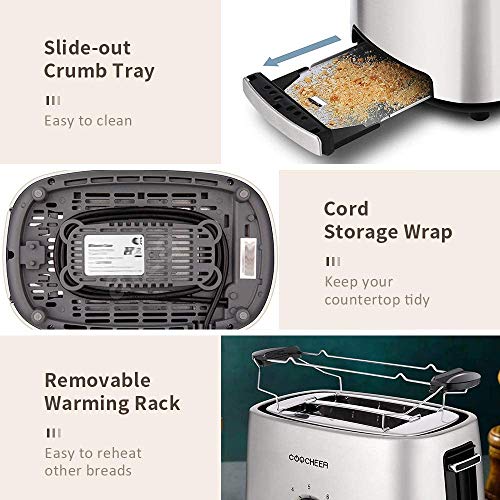 Tostadora Pan, COOCHEER 2 Rebanadas Ranuras Anchas de Tostadora,1000W, 6 Niveles Ajustables, 3 Funciones, Toaster de Pan de Acero Inoxidable con Bandeja Extraíble para Migas, 9 Niveles