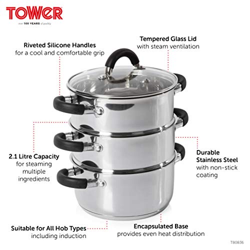 TOWER 3 Cacerolas para cocinar al Vapor, 18 cm, Acero Inoxidable