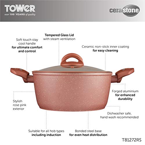 Tower Cerastone - Cacerola de inducción con tapa, antiadherente, aluminio forjado con revestimiento de cerámica, rosa rosa, 24 cm