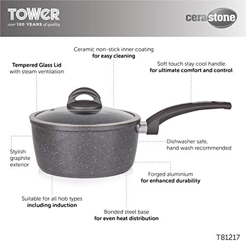 Tower Cerasure - Cazo antiadherente con tapa de cristal, cerámica, gris, 3.1 Litre