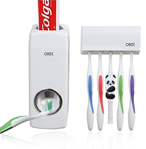 Towomo Olet Dispensador automático de pasta de dientes, y soporte para juego de cepillos de dientes (juego de 5 cepillos).Color blanco.