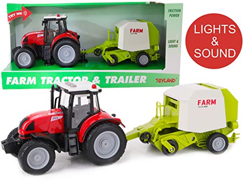 TOYLAND® Tractor y Remolque Rojo de 37 cm con Luces y Sonido - Juguetes agrícolas para niños (Tractor y empacadora)