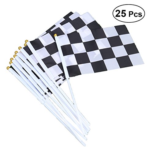 Toyvian 25 Piezas a Cuadros Banderas de poliéster con Bandera de Mano Palo Blanco y Negro 14x21cm