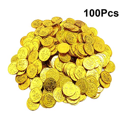 Toyvian Monedas de Oro de Piratas Juego de Juguetes de Monedas de plástico Accesorios para Chips Juego de Juego para niños - 100pcs (Dorado)