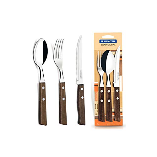 Tramontina 22299001 - Juego de cubiertos (mango de madera), 3 piezas, cuchara 1p, tenedor 1p, cuchillo 1p | para cocina, comedor, camping, senderismo, al aire libre, barbacoa, picnic, hogar