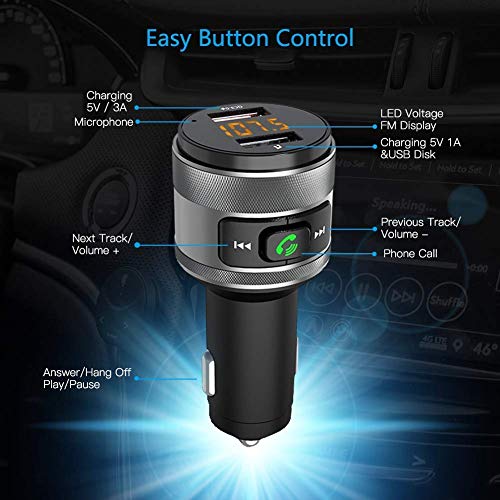 Transmisor de FM, Vorstik Bluetooth Transmisor FM para Coche, Adaptador de Radio, Manos Libres mM3 Mechero Coche con QC3.0, Cargador de Coche Doble USB