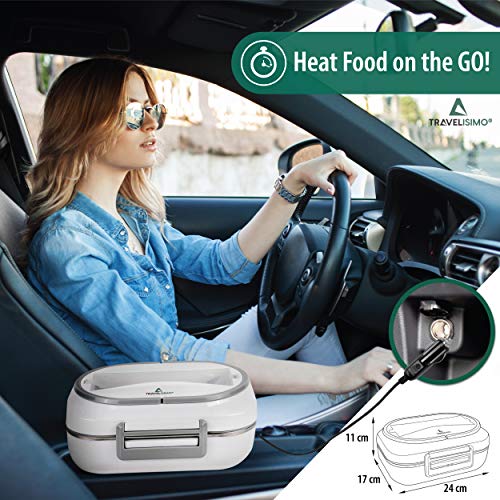 TRAVELISIMO Fiambrera Electrica 2 en 1 para Coche/Camión y Trabajo 220V & 12V 40W, Tartera Termo Comida Caliente Acero Inoxidable 1L, Taper con Cuchara Tenedor Incluidos y 3 Compartimentos