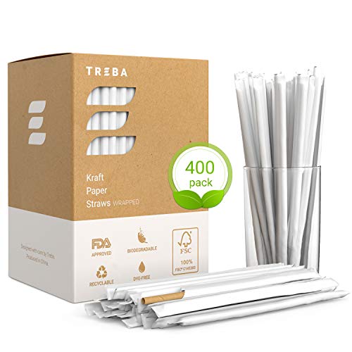 TREBA 400 Pajitas Biodegradables de Papel Kraft– Pajitas para Beber Envueltas – Pajitas Desechables Sin Colorantes Para Cócteles, Bebidas Frías y Calientes – Pajitas Ecologicas Compostables de Papel