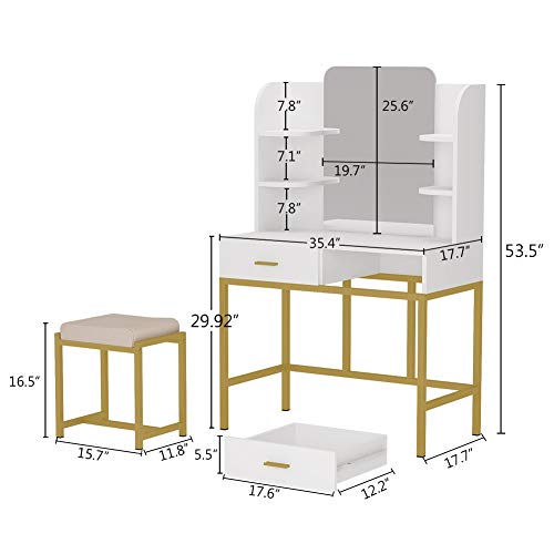 Tribesigns Tocador Tocadores Maquillaje Mesa para Maquillaje con Taburete y Grande Espejo, Tocador con 6 Estantes y 2 Cajones, Blanco/Dorado