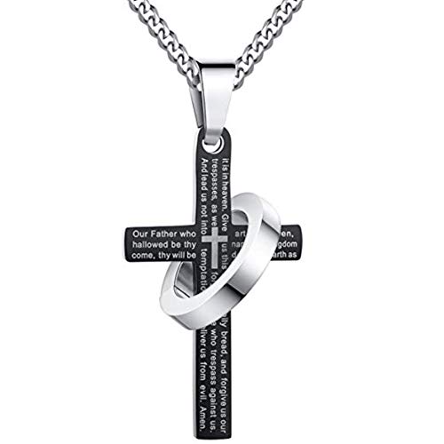 Trifycore anillo de la cadena collar con una cruz de acero inoxidable y el anillo de cuello con un colgante de moda para los hombres negro par de regalos