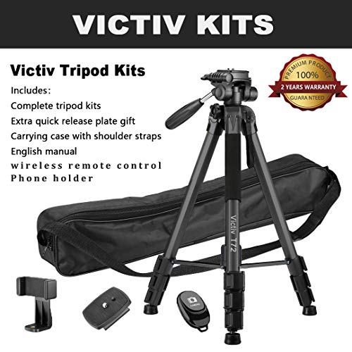 Trípode de Cámara (53cm-182cm), Victiv Trípode de Aluminio con Control Remoto & Soprtre de Teléfono, Compatible para Grabación de Video - Negro