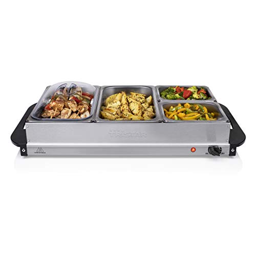 Tristar BP-6285 Servidor de buffet, 2 x 2.4 l + 2 x 1 l, Función Mantenimiento Calor y Placa Calientaplatos, Bandeja Alimentos Calientes con Tapas, Temperatura Ajustable, 300 W, Acero Inoxidable