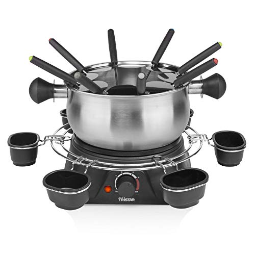 Tristar FO-1109 Olla eléctrica multifuncional para fondue de queso, chocolate o aceite, volumen 1.3 litros, 1400 W, Carcasa de acero inoxidable con aro para salsas, incluye 8 tenedores