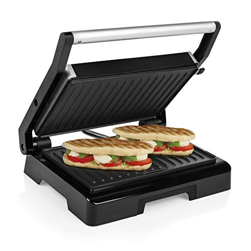 Tristar Grill GR-2854 Parrilla de Contacto – Revestimiento Antiadherente – Tapa de Acero Inoxidable, 1000 W, Metal, Negro