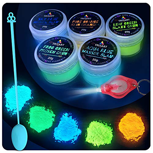 Tritart polvo fluorescente auto-brillante I 5 x 20g Pigmentos que brillan en la noche I Luz Polvo Set con Lámpara UV GRATIS