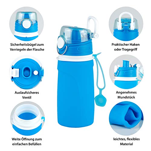 TROIKA - Botella de Silicona Plegable - Capacidad: 550 ml / 18,6 oz - Enrollable y a Prueba de Fugas - para Deporte. para Uso en Exteriores. Escuela y Camping, sin BPA, Silicona médica, Color Azul