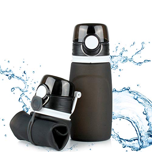 TROIKA - Botella de Silicona Plegable - Capacidad: 550 ml / 18,6 oz - Enrollable y a Prueba de Fugas - para Deporte. para Uso en Exteriores. Escuela y Camping, sin BPA, Silicona médica, Color Negro