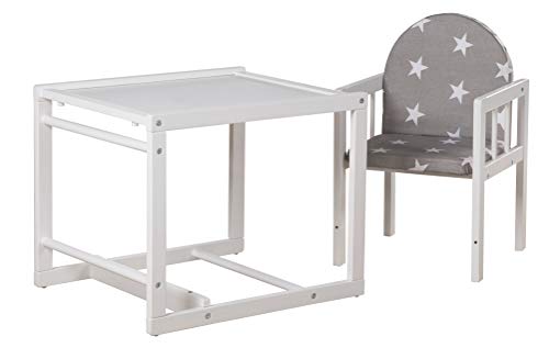 Trona Combi roba, trona con bandeja transformable en silla y mesa independientes, trona infantil de madera lacada en blanco, asiento tapizado en diseño 'Little Stars'