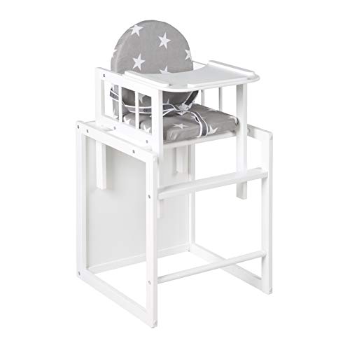 Trona Combi roba, trona con bandeja transformable en silla y mesa independientes, trona infantil de madera lacada en blanco, asiento tapizado en diseño 'Little Stars'