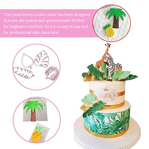 Tropical Theme Cake Fondant Mold Kit 3Pcs Molde Silicona para Fondant Frutas Tropicales en Forma, 4 Unids Cortadores de Galletas de Hoja Tropical Set para Niños Biscuit Mold Baking Pastelería Decor