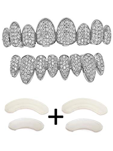 TSANLY Grillz de Diamantes Rebajas Baño de Oro Blanco 14 Quilates. Juego de Tapas Superior e Inferior Parece Diamante Real + Caja Clásico + Paño de Microfibra