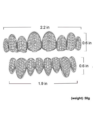 TSANLY Grillz de Diamantes Rebajas Baño de Oro Blanco 14 Quilates. Juego de Tapas Superior e Inferior Parece Diamante Real + Caja Clásico + Paño de Microfibra