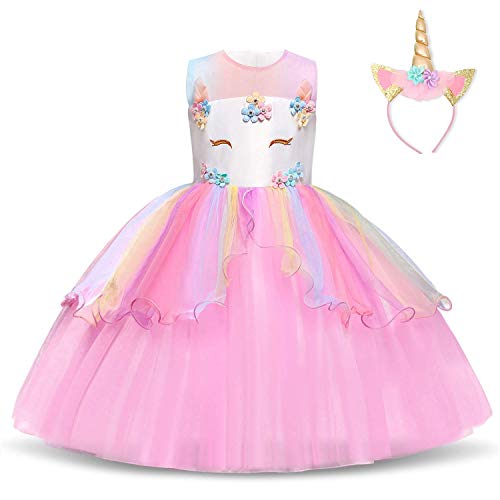 TTYAOVO Chicas Estrella Unicornio Fancy Vestido Princesa Flor Desfile de Niños Vestidos sin Mangas Volantes Vestido de Fiesta Talla 5-6 Años Rosado