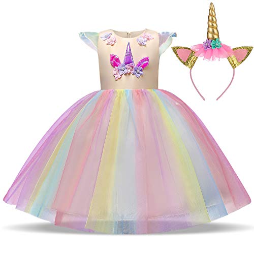 TTYAOVO Chicas Unicornio Fancy Vestido Princesa Flor Desfile de Niños Vestidos sin Mangas Volantes Vestido de Fiesta Talla 3-4 Años Amarillo