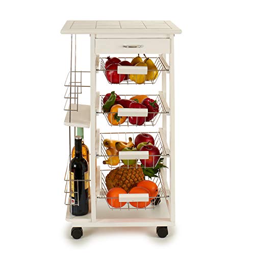 TU TENDENCIA ÚNICA Carrito Frutero Verdulero con Cajón, 4 cestas y botellero. Estructura de Madera Blanca y Acero Inoxidable en Las Cestas. Cuenta con 4 Ruedas para un fácil Transporte