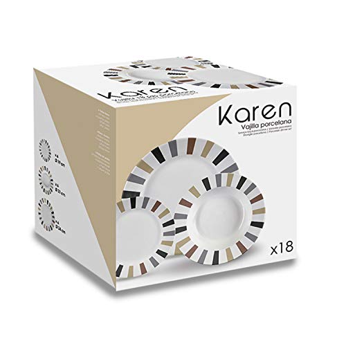 TU TENDENCIA ÚNICA Vajilla de Porcelana Modelo Karen 18pzs para 6 comensales. Medidas: Plato Llano 24cm, Plato Hondo 21cm, Plato Postre 19cm