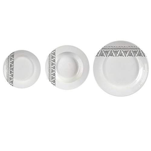 TU TENDENCIA UNICA Vajilla Porcelana Larissa 18pzs Etnico para 6 comensales. Medidas: Plato Llano diam 22,86cm, Plato Hondo diam 20,3cm, Plato Postre diam 19cm