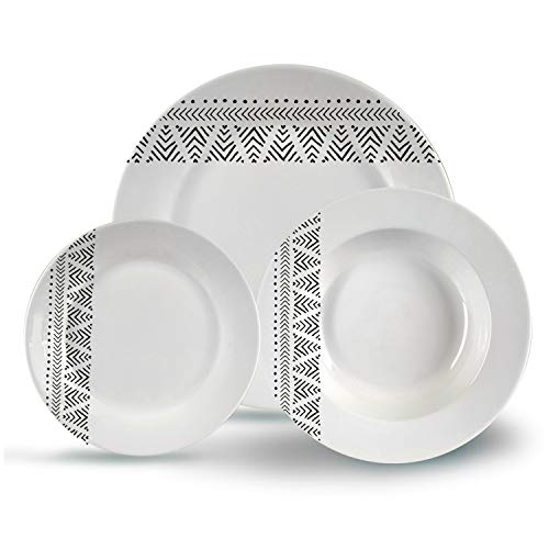 TU TENDENCIA UNICA Vajilla Porcelana Larissa 18pzs Etnico para 6 comensales. Medidas: Plato Llano diam 22,86cm, Plato Hondo diam 20,3cm, Plato Postre diam 19cm