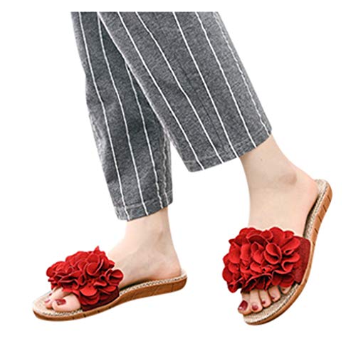 TUDUZ Zapatos De Playa Planos para Mujer Bohemias Pantuflas Lino Bowknot Playa Sandalias (Rojo.f, 37-38)