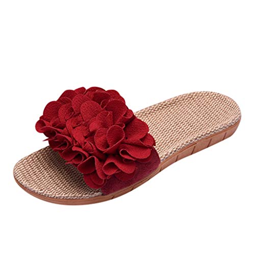 TUDUZ Zapatos De Playa Planos para Mujer Bohemias Pantuflas Lino Bowknot Playa Sandalias (Rojo.f, 37-38)